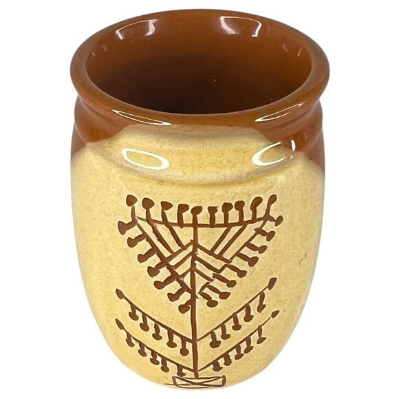 Handcrafted Ceramic Mini Crock Brown & Yellow Finish And Geometric Tree Pattern - Picture 4 of 7